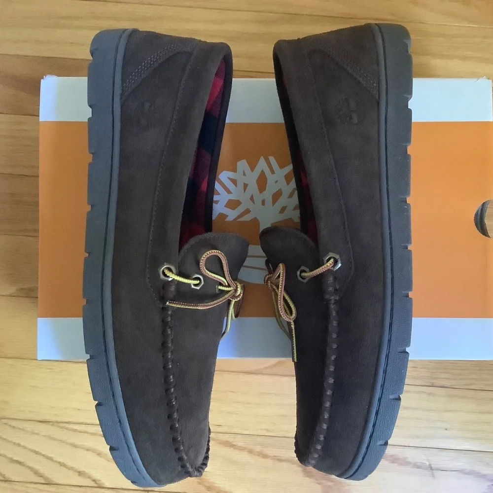 Timberland Suede Stony Ledge Flannel-Lined Moc Slipper/Boat Shoes Dark Brown 12